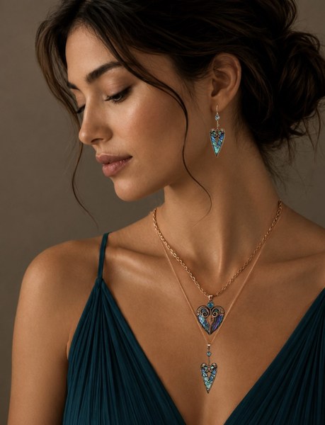 Model wearing Lorayne Designs winged-heart abalone pendants and matching earrings